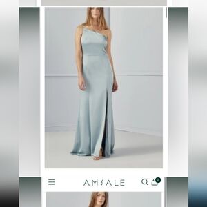 Amsale Sage Green Formal Gown | One Shoulder Leg Slit Spaghetti Strap